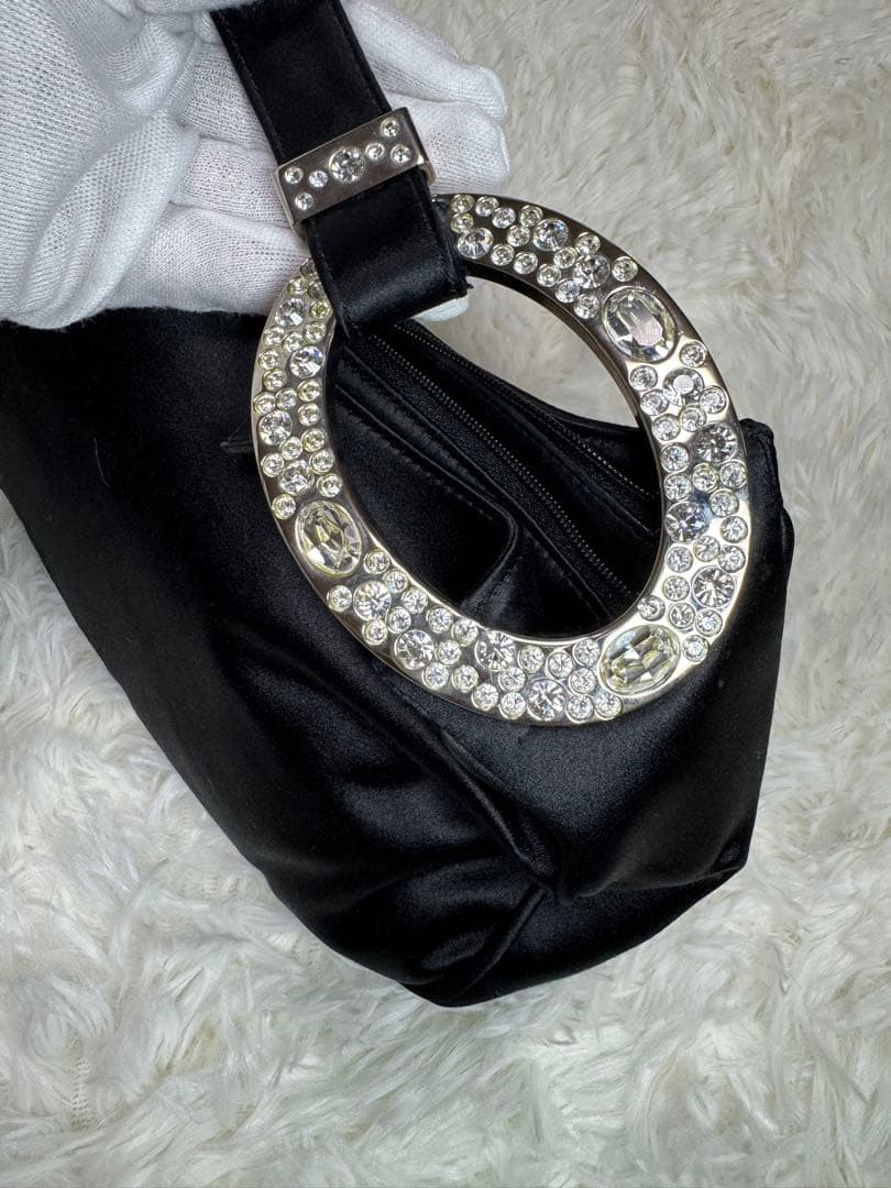 Sergio Rossi ビジュー付きブラックサテンパーティーバッグ