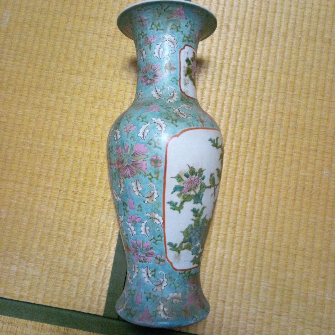 青と緑の花模様 陶器花瓶 約46cm