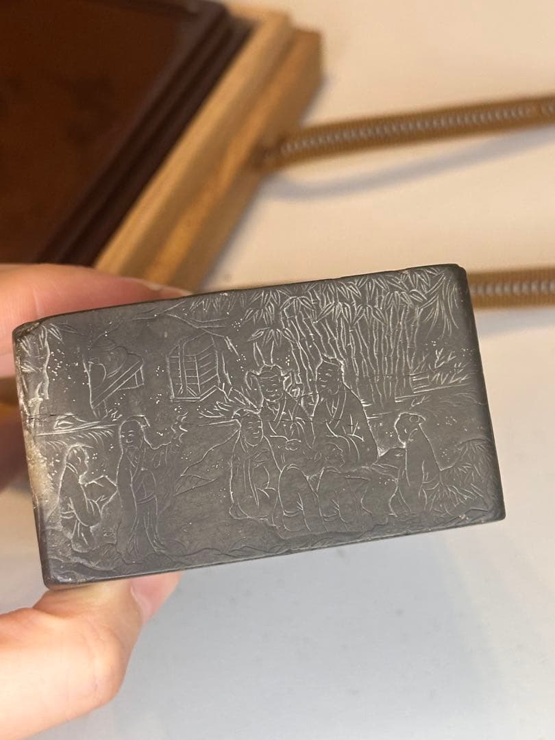 希少 宋時代 緑石 蘭亭硯 四面彫刻 稀少品 蓋・台座・共箱付