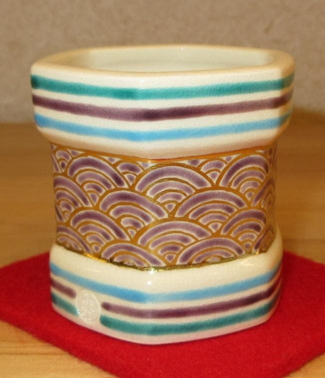 送料込【逢絢亭・新品】茶道具 蓋置 京焼 六角 青海波の絵 手塚石雲 共箱入り