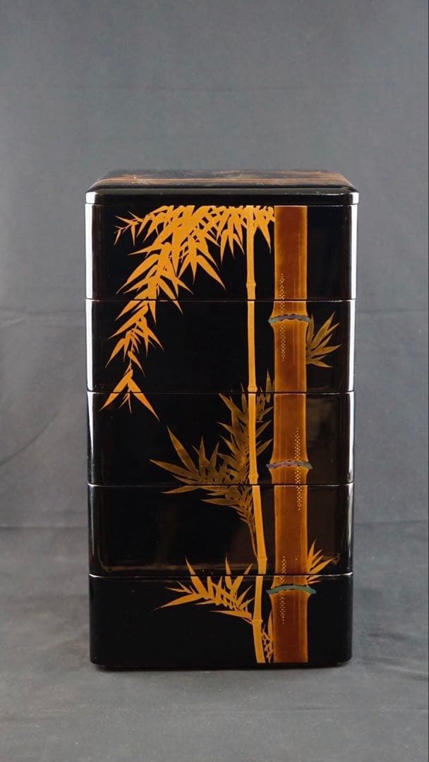 時代 竹梅蒔絵 家紋 内梨地 五段重箱 二枚蓋 螺鈿細工 青貝 木製 / 輪島塗