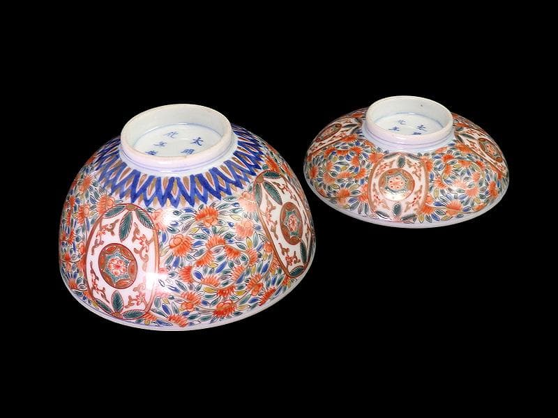 古伊万里　色絵　花繋ぎの図　蓋茶碗　江戸期　CZu