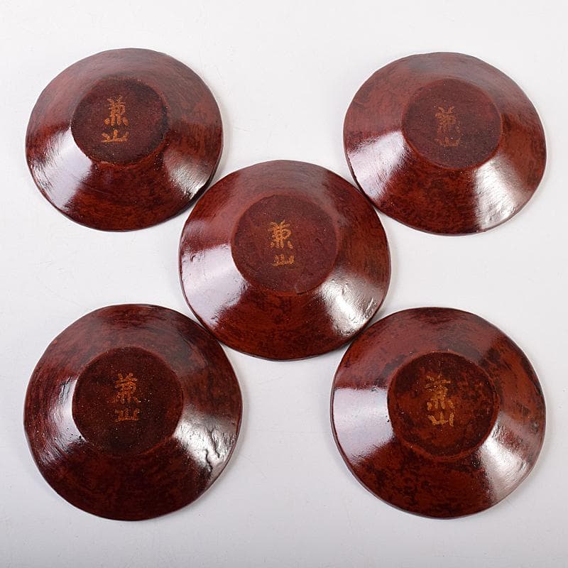 煎茶道具　足助乾漆　高山兼山作　煎茶碗四客　茶托五客　共布共箱　V　R8679