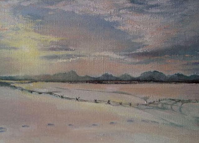 油絵 菅家令子 絵 絵画インテリア額付(青緑＋金色の枠)F6-030707雪風景