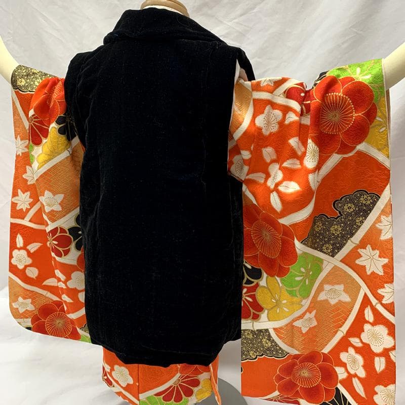 503ag11着物のみ□七五三 三歳 女児 着物&被布 金彩 梅 菊 □美品