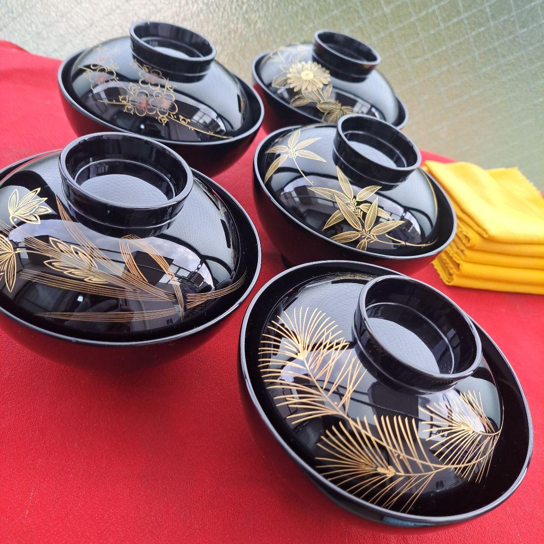 【輪島塗　御吸物椀×5客】布着本堅地　浅見漆器店　沈金\"五君子　未使用