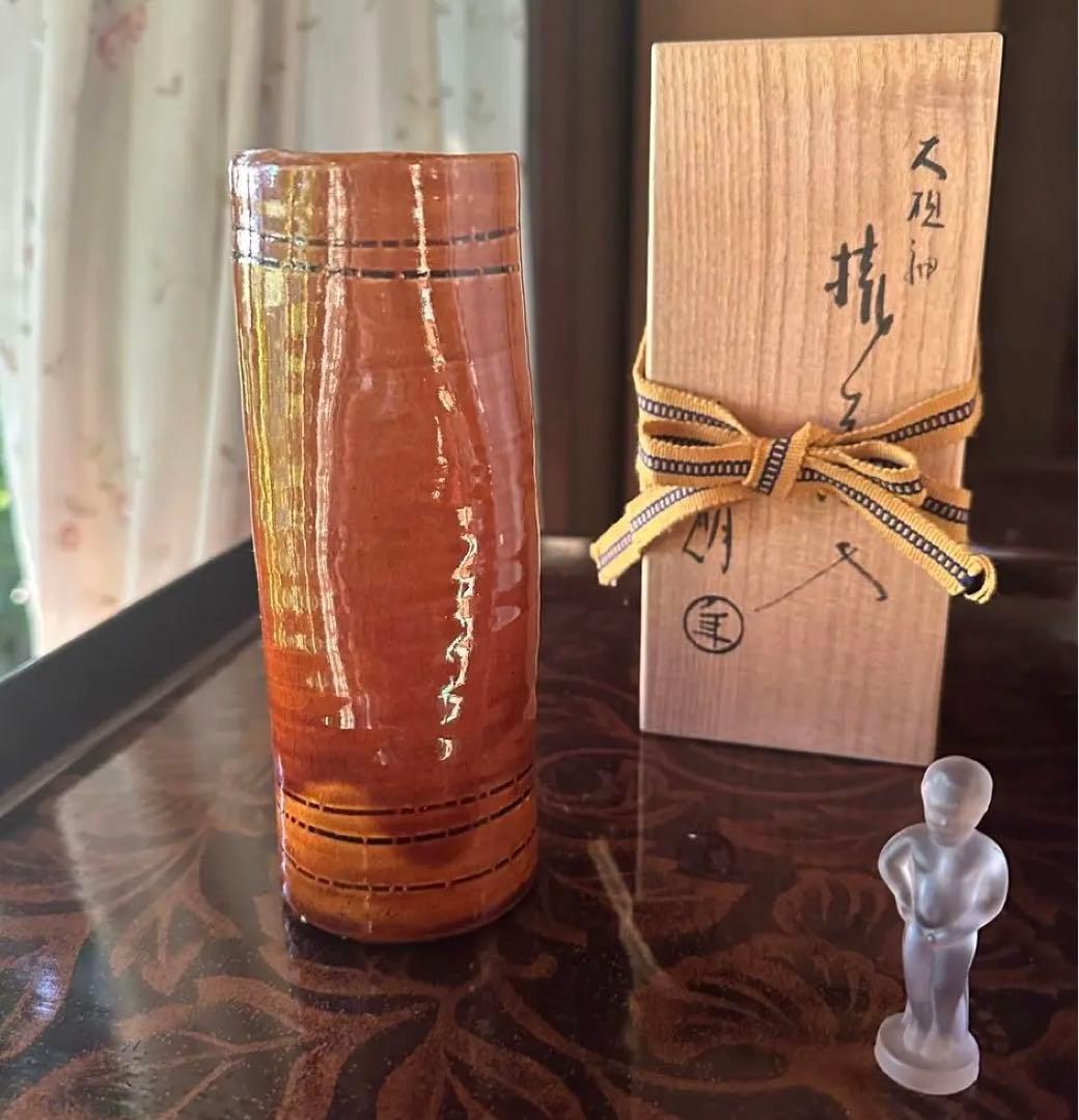 2155様感謝‼️KUTANI飴色人間国宝十代長左衛門未使用飴釉筒形掛花入桐箱