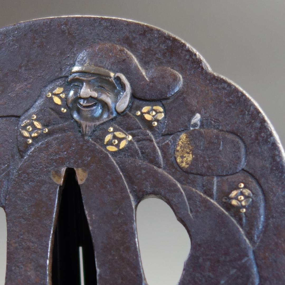 【 大黒天図鍔 】 鍔 鐔 鉄地 象嵌 刀装具 武具 骨董 アンティーク