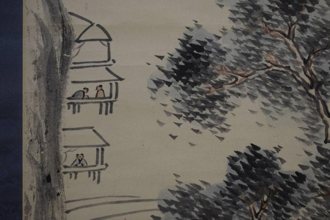 模写/岡田半江/山水人物図/左光挙の桐識箱付/布袋屋掛軸HG-312