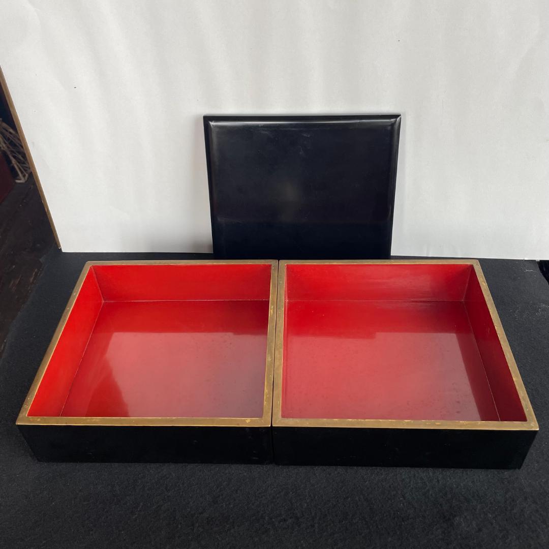 天然木 溜無地 五段重 蓋二枚 内朱塗 重箱 木箱入 木製 漆器 漆芸 骨董