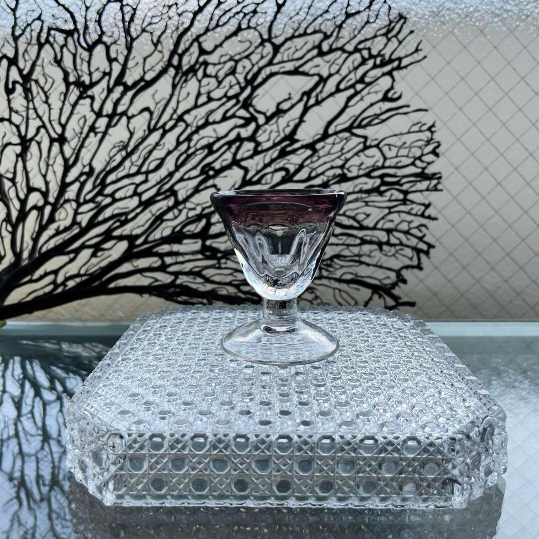 骨董 時代ガラス 吹きガラス 臙脂色リップ アイスクリームグラス 氷