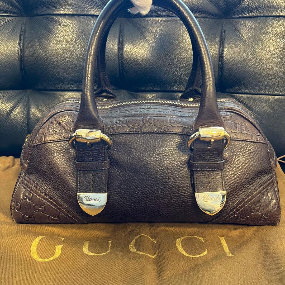 GUCCI グッチミニボストンレザーシマハンドバッグダークブラウン