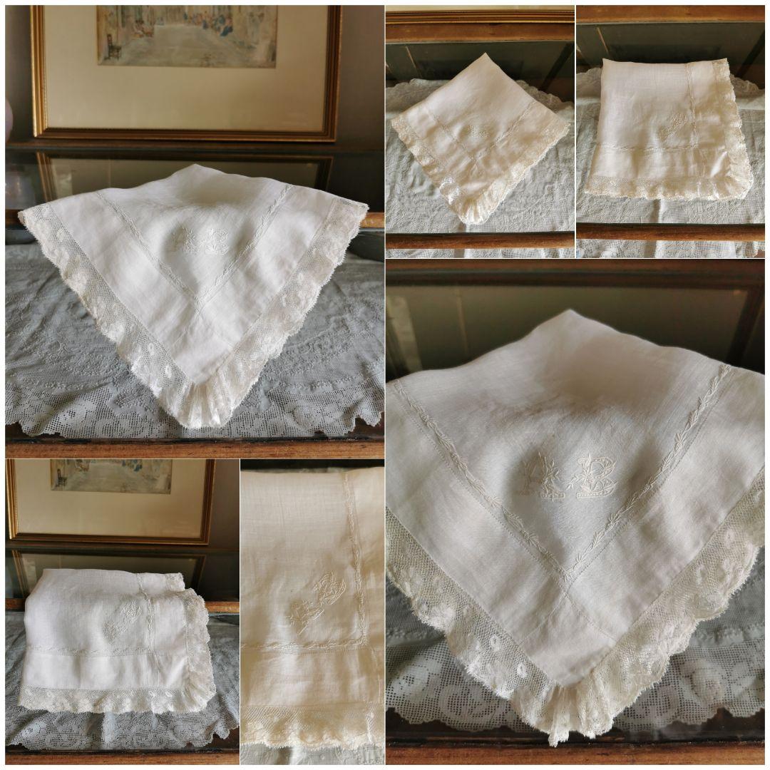 アンティークフランス 精緻な薊刺繍 公式 イニシャル花文字AB