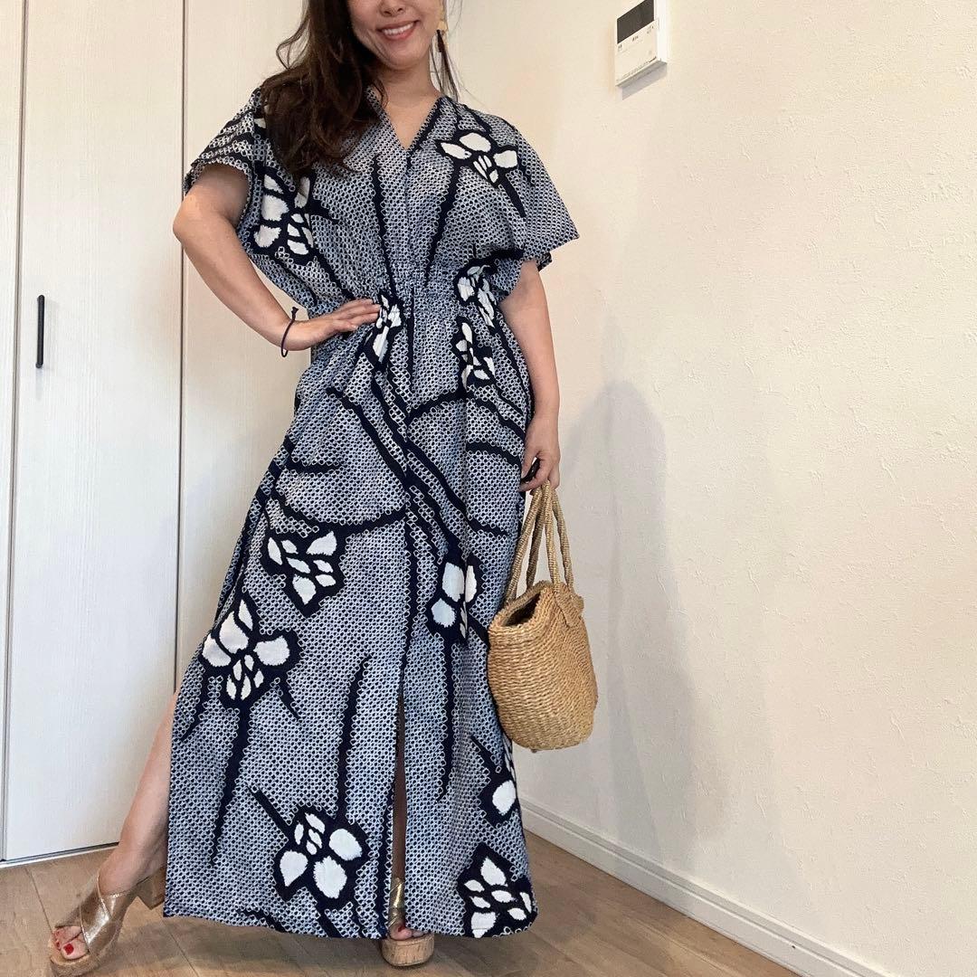 浴衣　リメイク　有松絞り　ワンピ ハンドメイド　ロング　シンプル　単色　あやめ