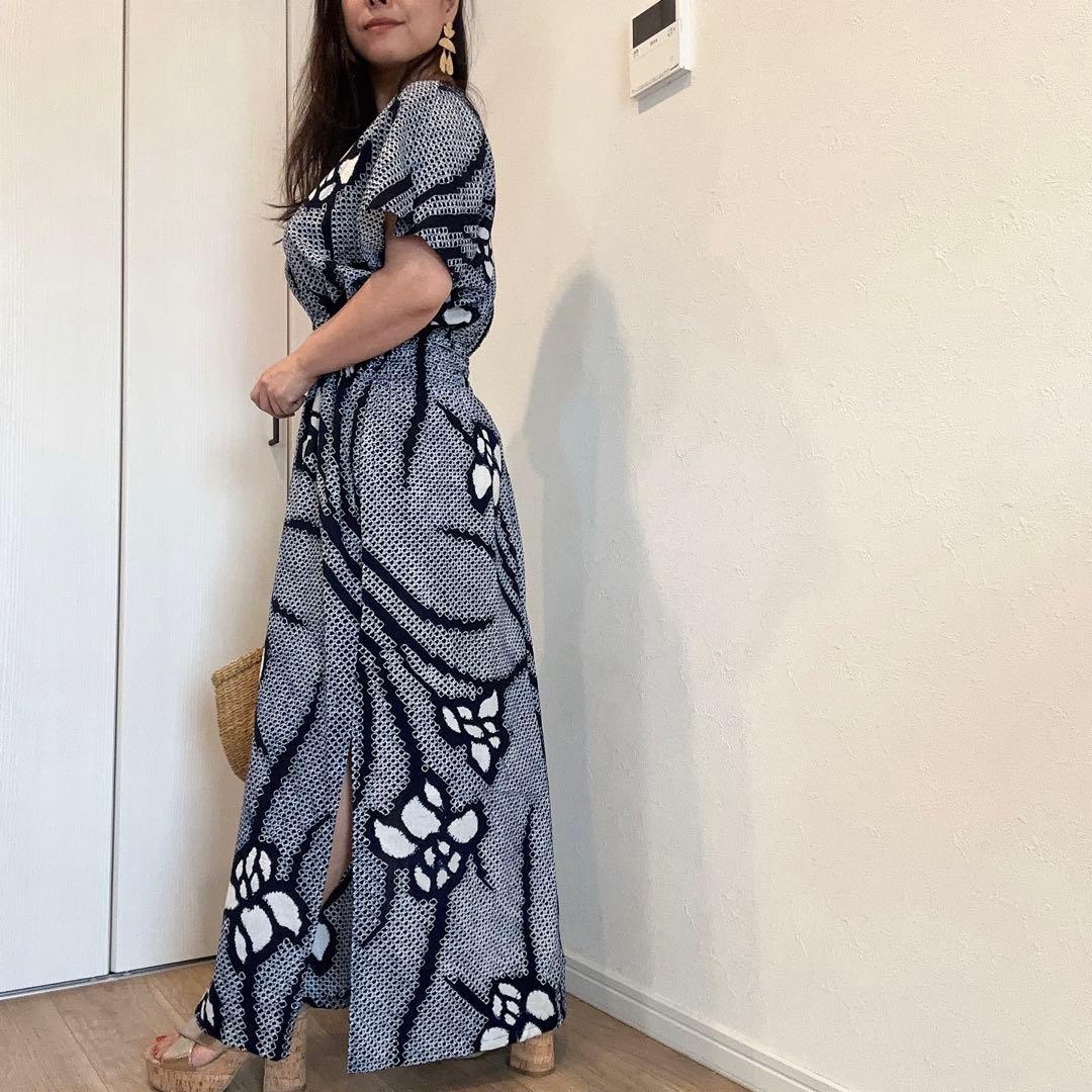 浴衣　リメイク　有松絞り　ワンピ ハンドメイド　ロング　シンプル　単色　あやめ
