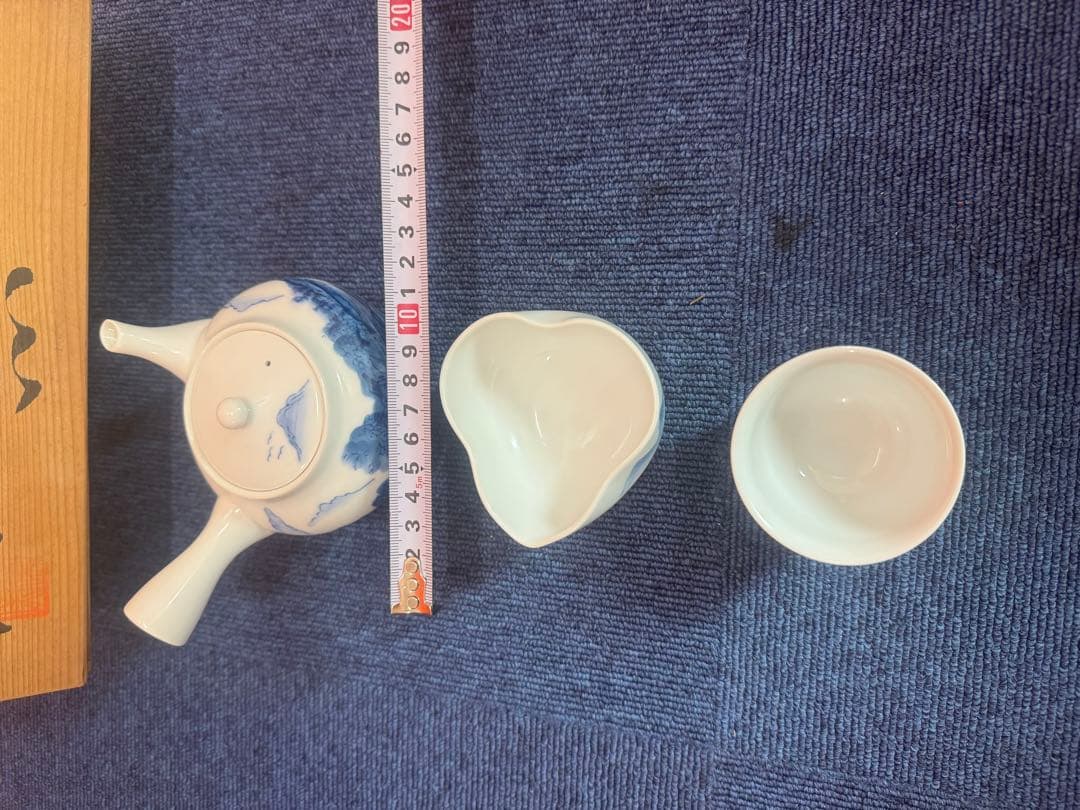 1746 有田焼 染付山水 茶器セット 急須1客 湯冷し1客 湯呑5客 未使用