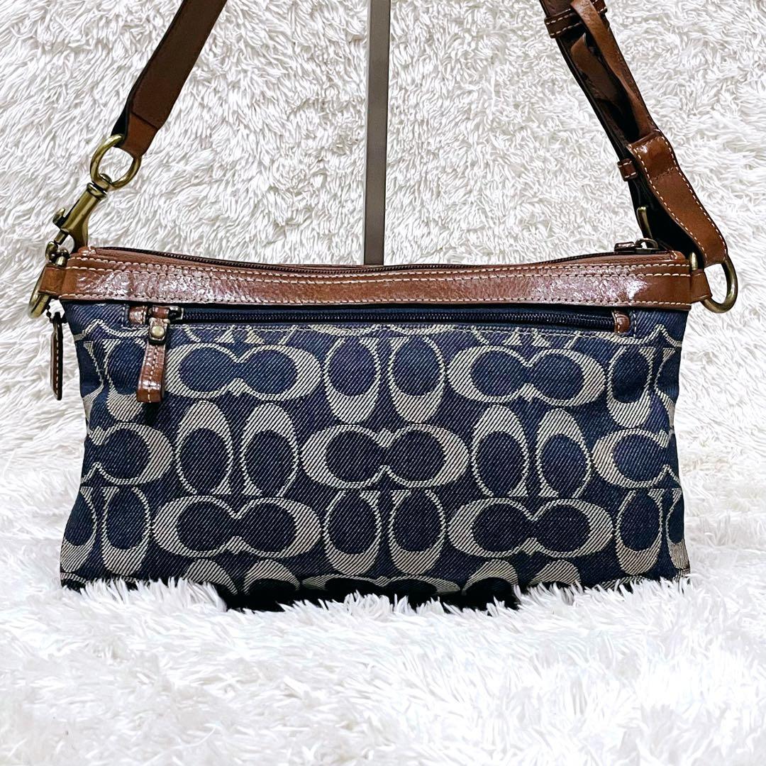 極美品 コーチ ワンショルダー バッグ シグネチャー デニム レザー ネイビー