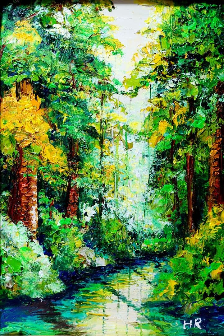 油絵 絵画 【森の湖】【Ａ3】