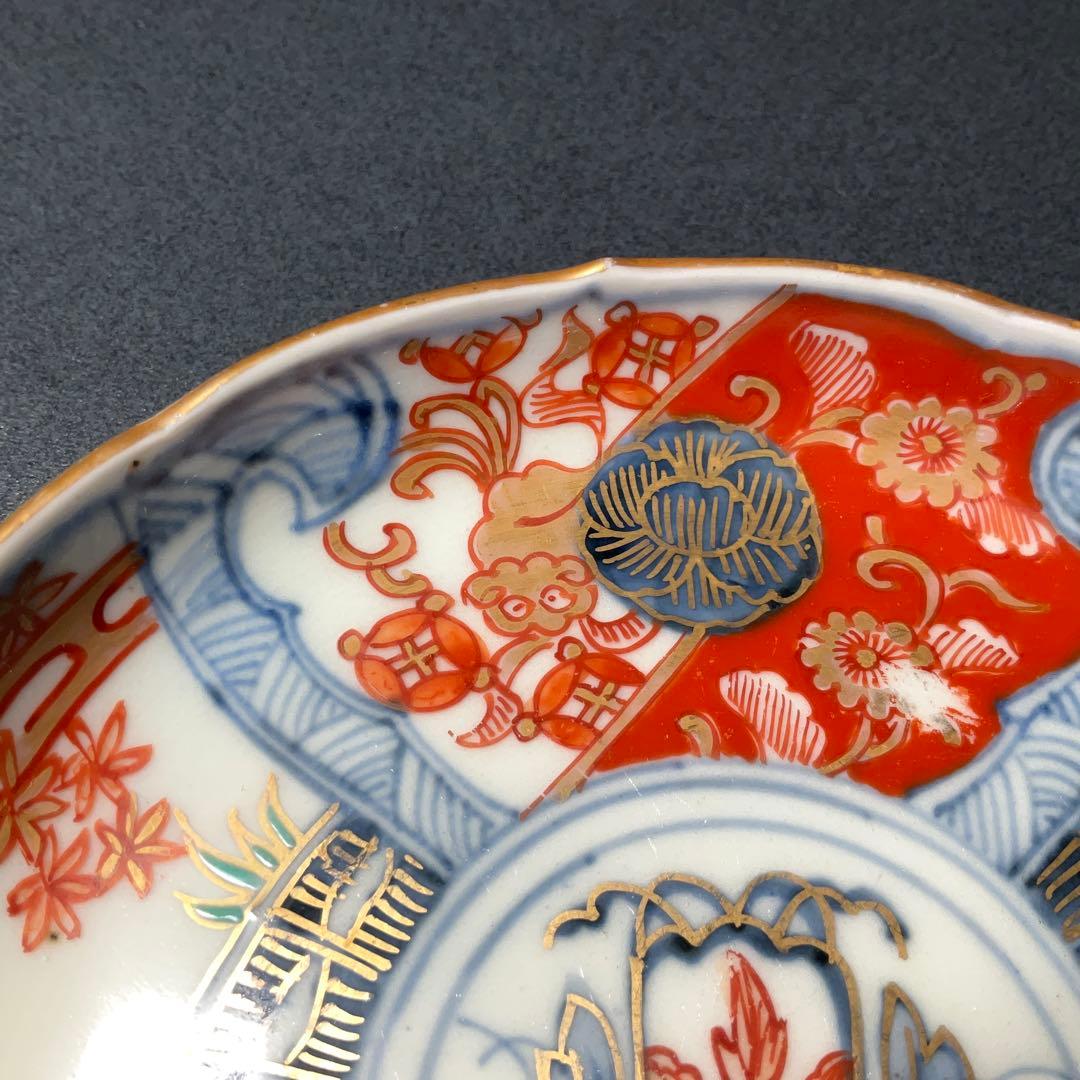 伊万里金襴手 花籠図小皿5枚組 桐箱付 ∅11 骨董