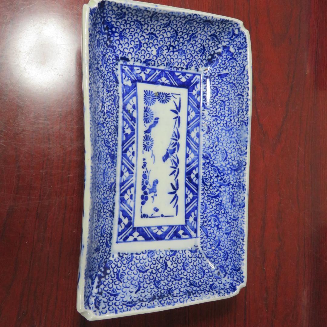 角皿 角長皿 印判 染付 微塵唐草 明治 大正 ベロ藍 松竹梅 窯傷の通販