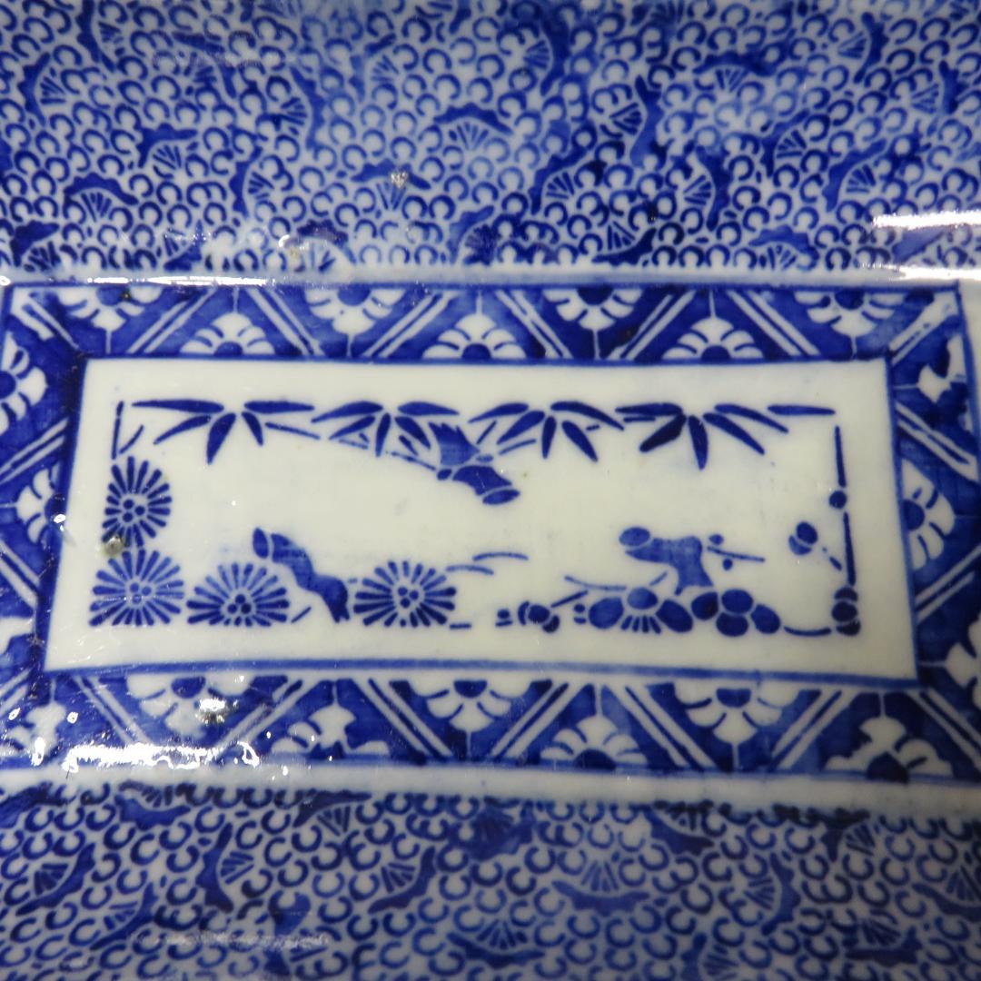 角皿 角長皿 印判 染付 微塵唐草 明治 大正 ベロ藍 松竹梅 窯傷の通販