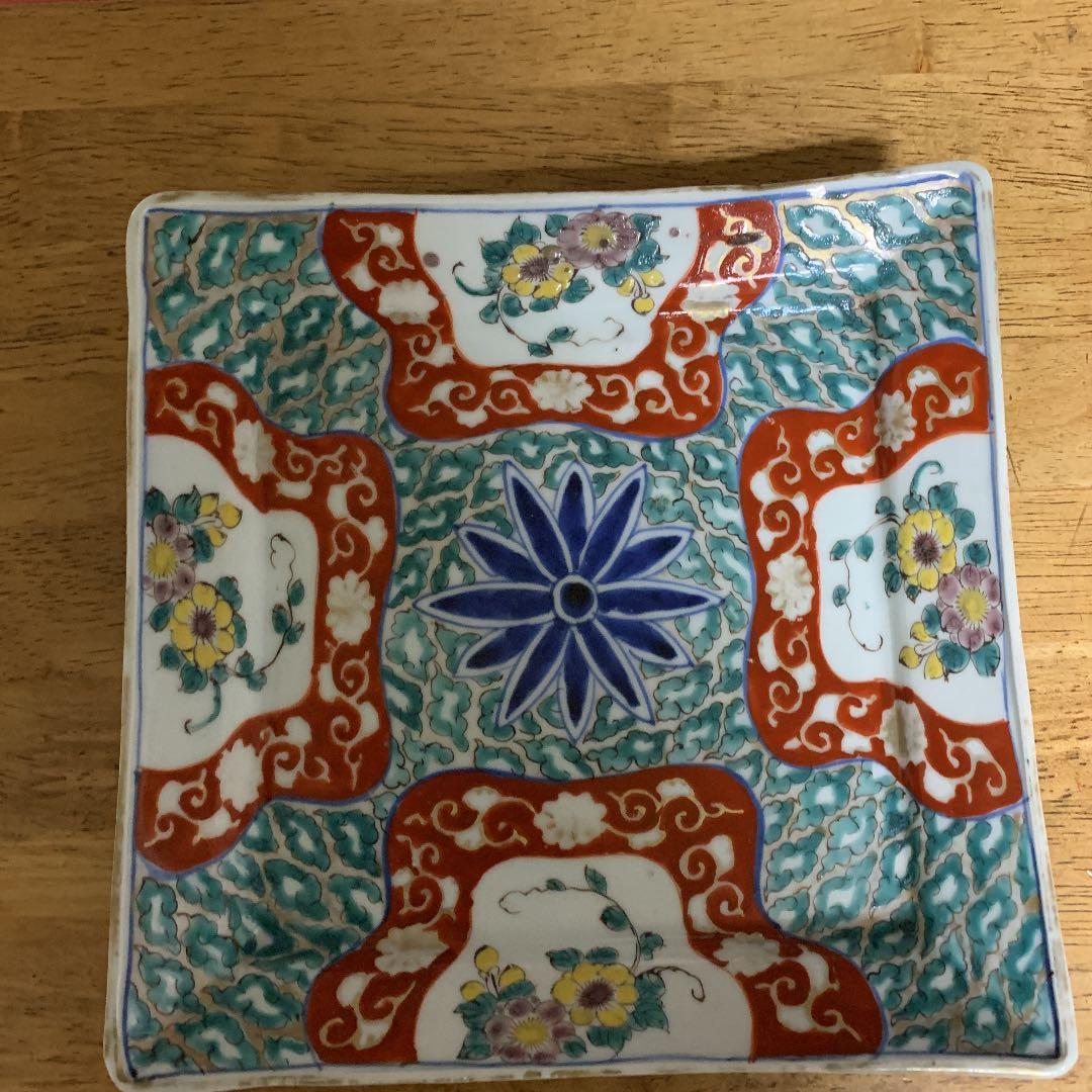 九谷焼 古九谷 角福銘 色絵花草文 四方皿 時代箱 C 9248 九谷焼