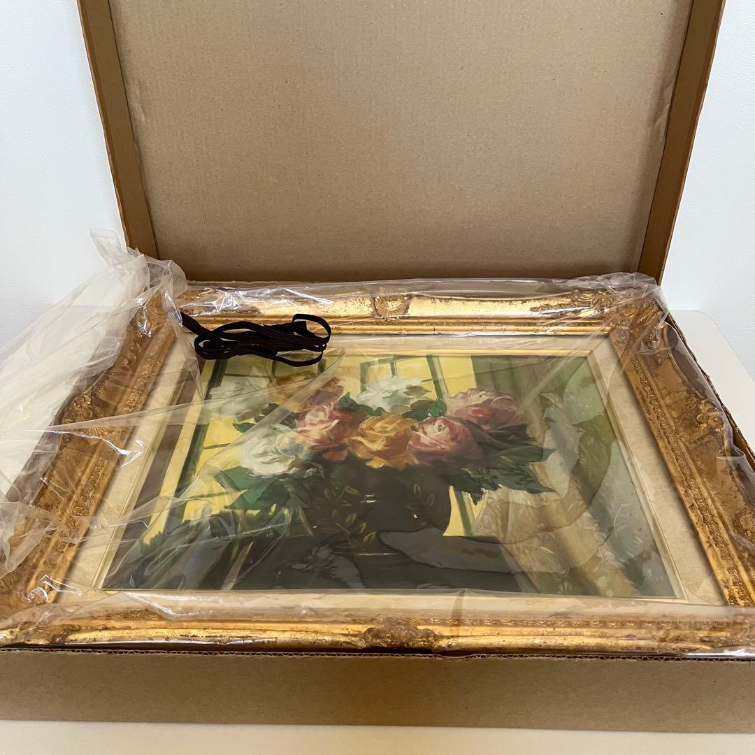 真作 肉筆油絵 窓辺のバラ 田崎順平 F6 額縁 花