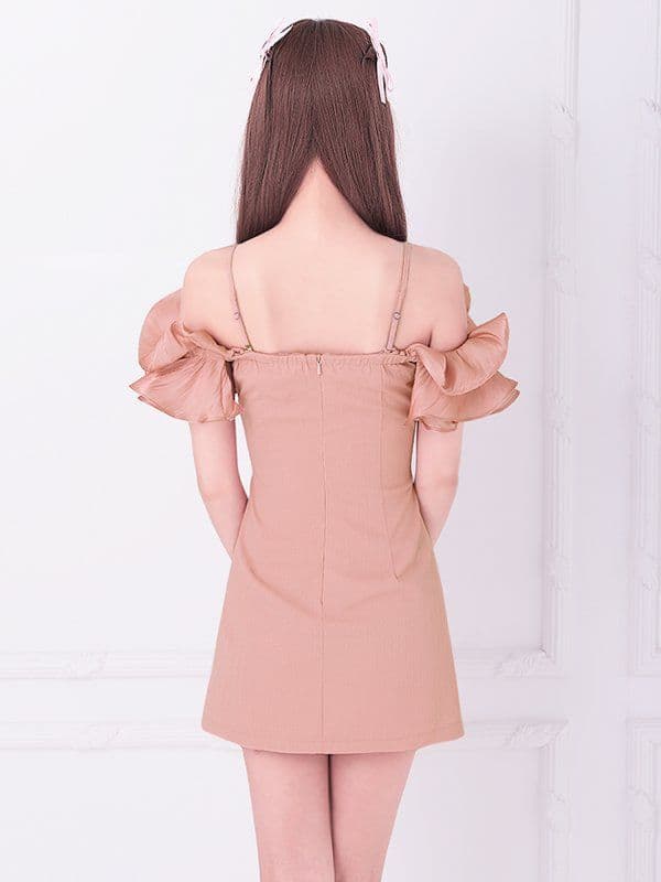 【エンジェルアール】オフショルダーフリルスリーブフレアマイクロミニドレス