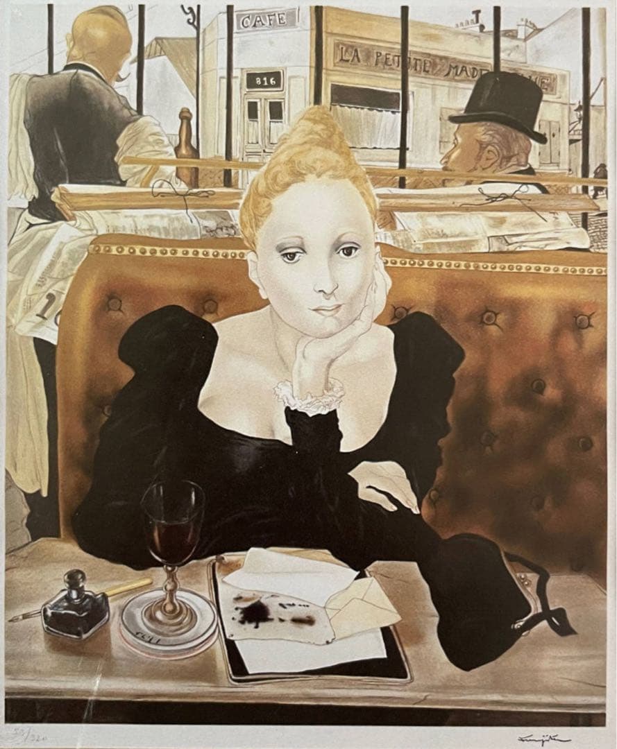 □希少・格安□藤田嗣治 「カフェ」石版画 スタンプサインと印譜入 真