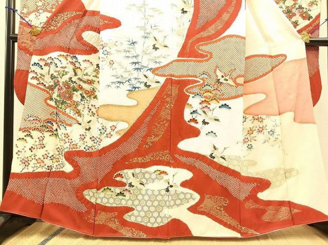 豪華振袖 絞り 駒刺繍 松竹梅飛鶴花 金彩 絹 逸品 成人式 パーティー お