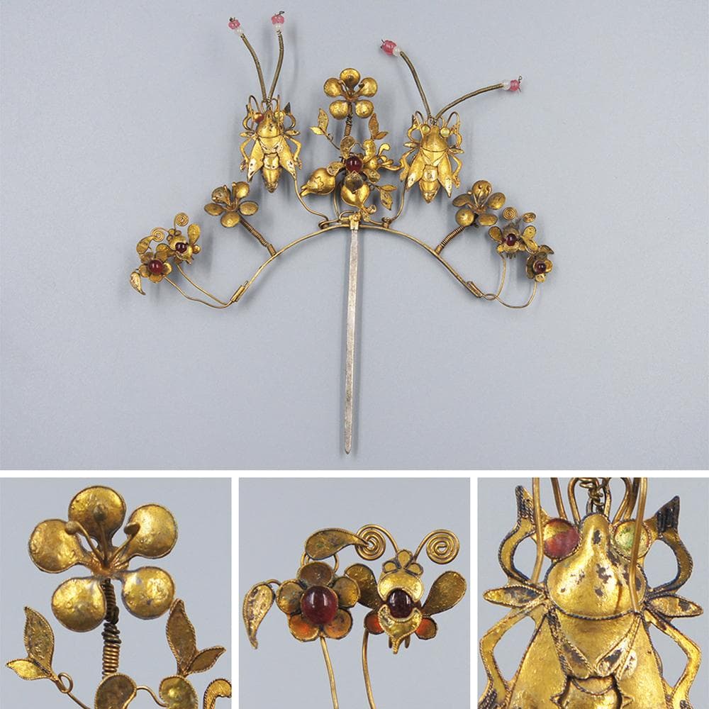 銀】 ☆ 民俗 銀流金昆虫花卉紋髪簪 ☆ 清代 胡蝶 桃花