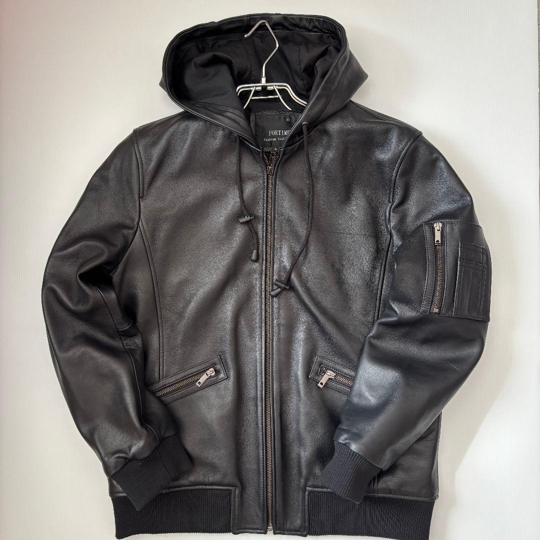 美品】FORTIME フード付きレザージャケット 革ジャン ブラック Lメンズ