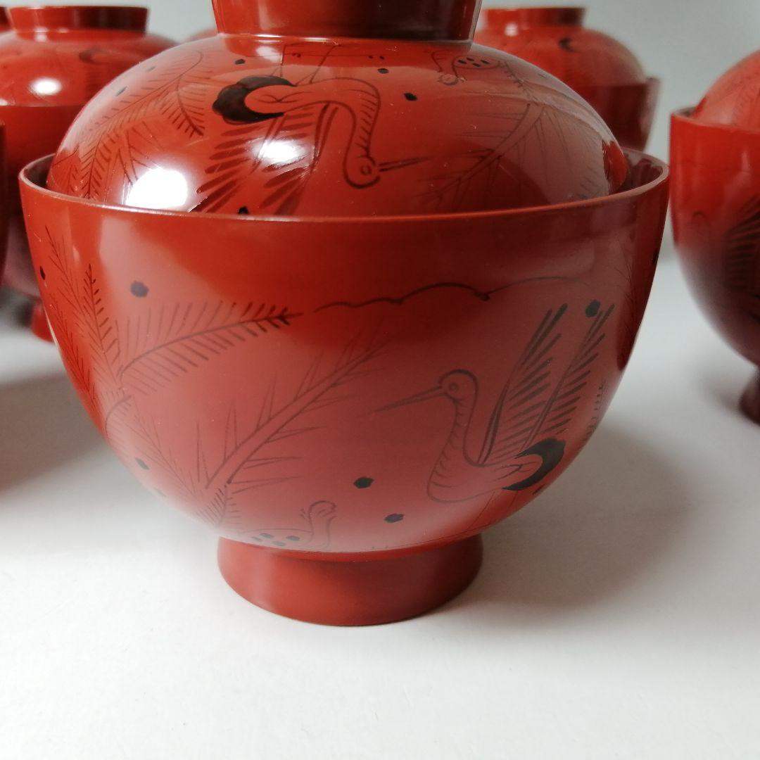 塗師　長遊斎　鶴漆絵　沈朱小吸物椀　拾客　　朱塗　鶴絵　木製　懐石　会席　茶道具