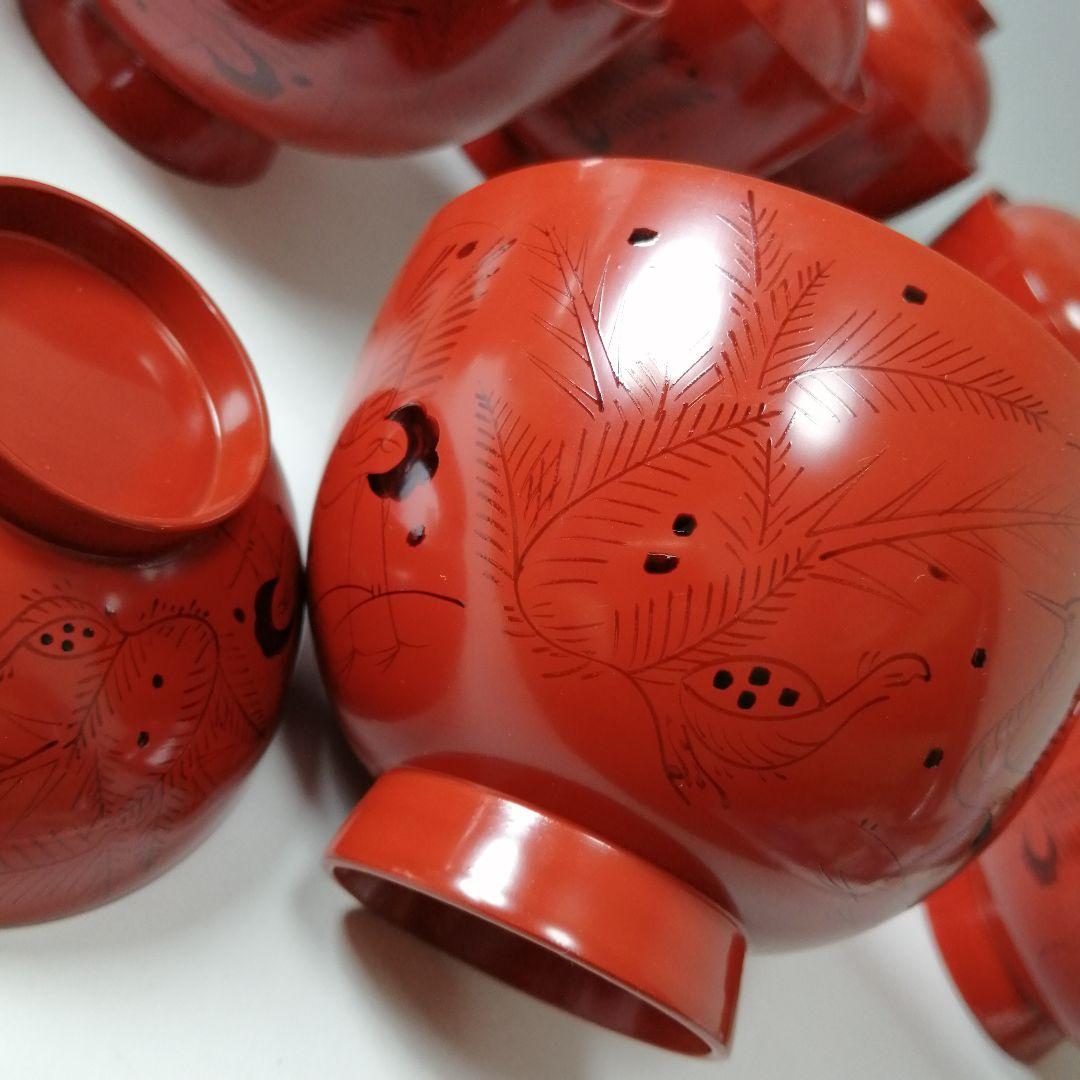 塗師 長遊斎 鶴漆絵 沈朱小吸物椀 拾客 朱塗 鶴