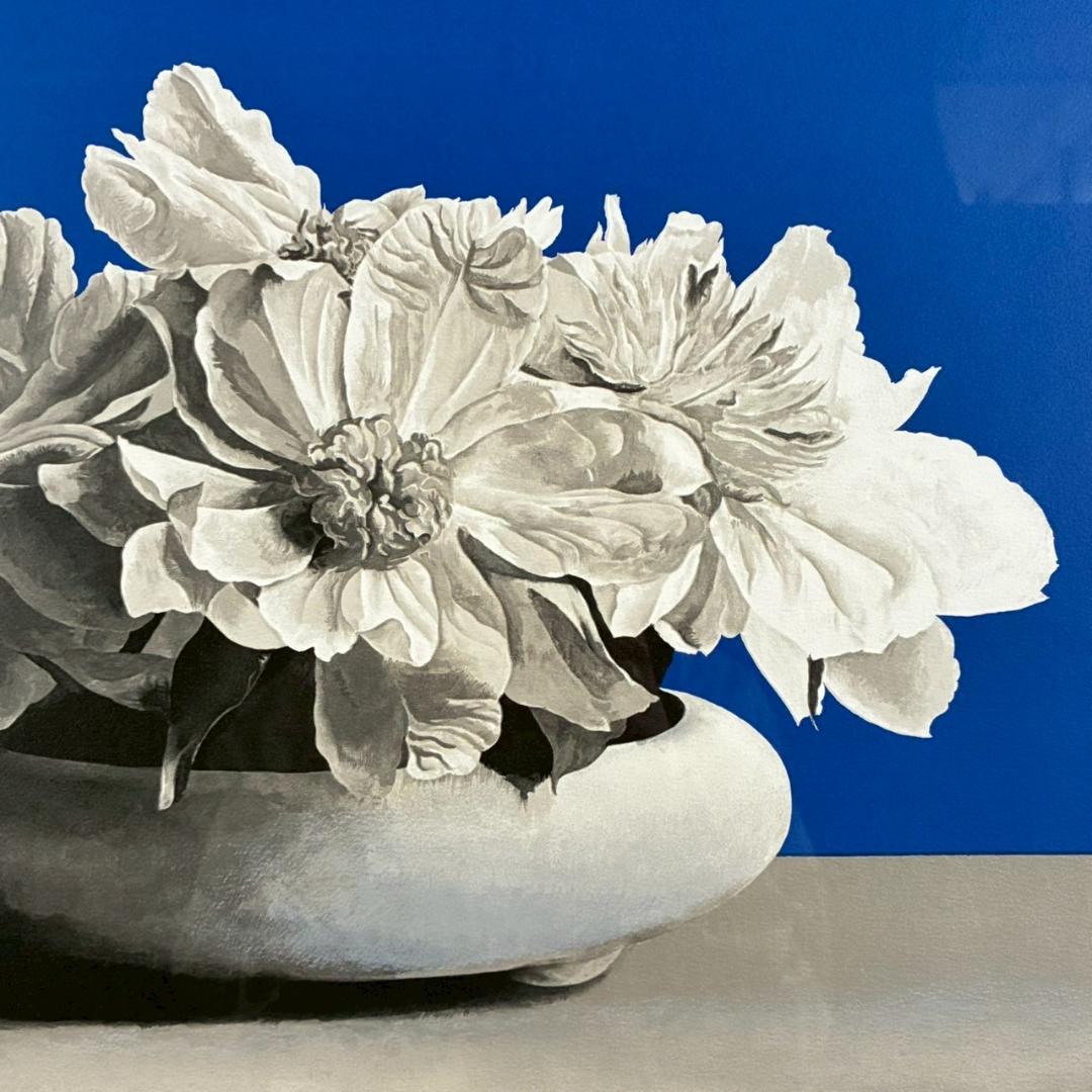 美品 藤田吉香「白い花」リトグラフ 直筆サイン・落款入り 額縁入り