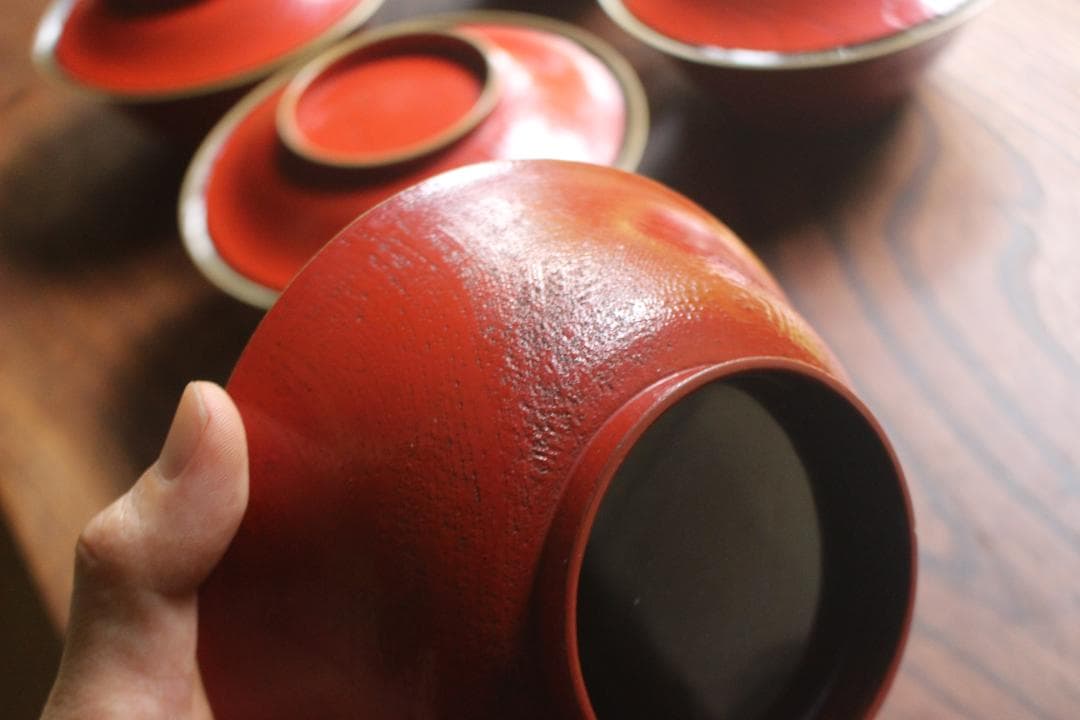 時代朱漆に内見返絵替わり草花蒔絵のお椀5点（検輪島塗蒔絵椀雑煮椀