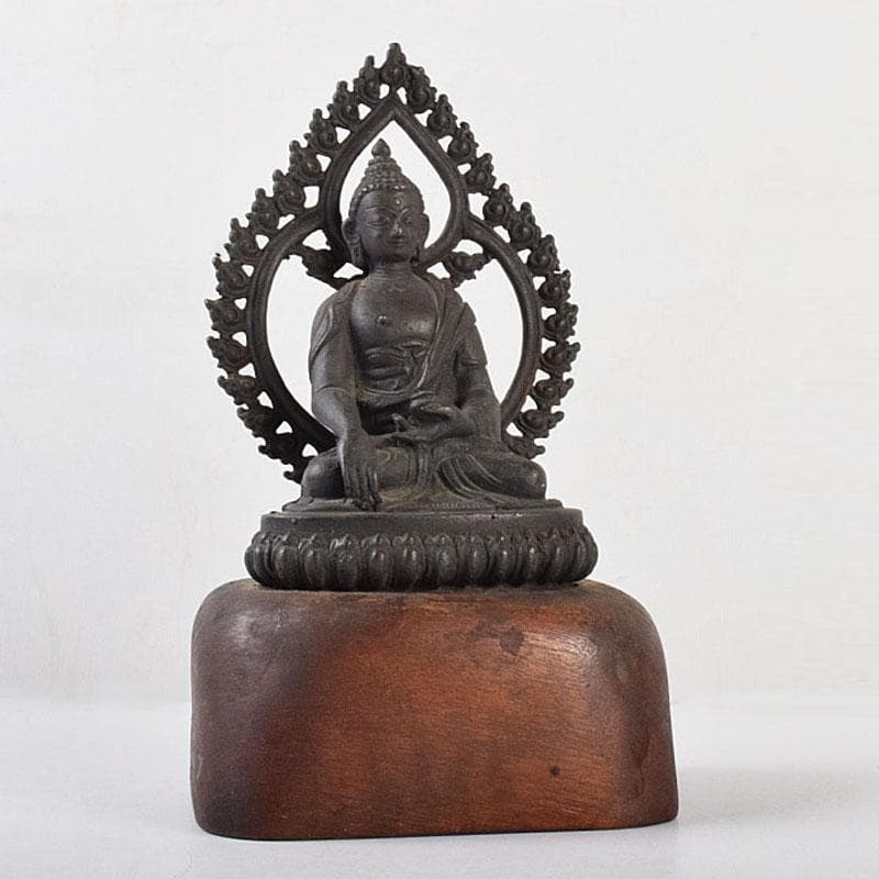 中国　古銅　チベット仏　仏像　置物　木製台座付　M　R9063