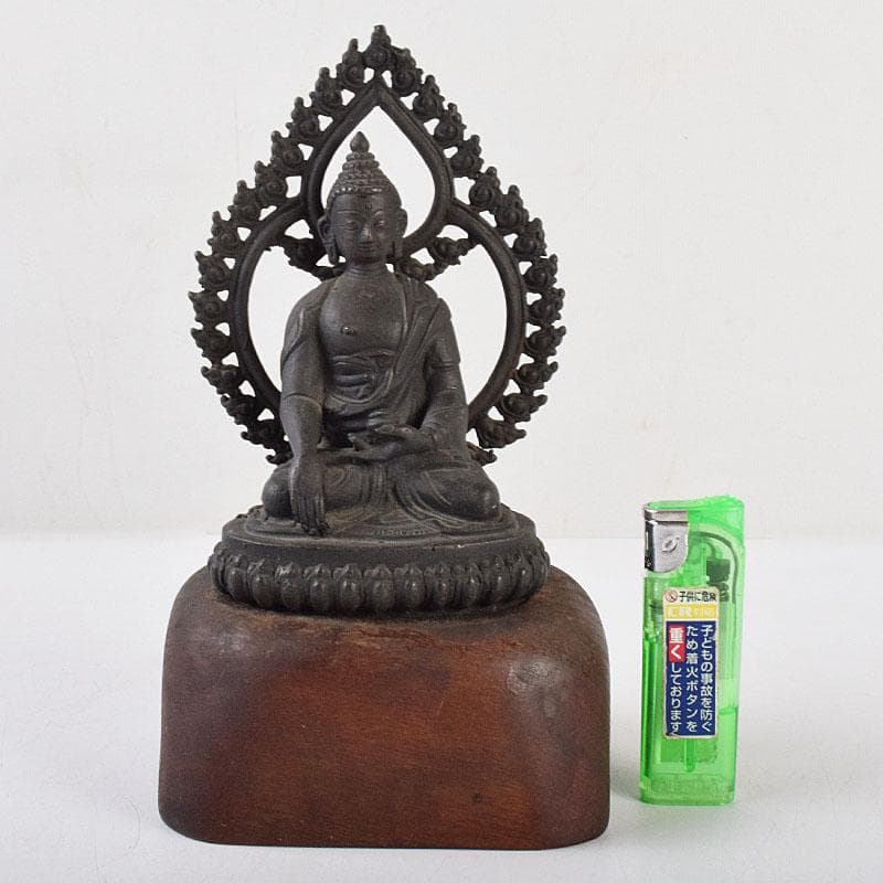 中国　古銅　チベット仏　仏像　置物　木製台座付　M　R9063
