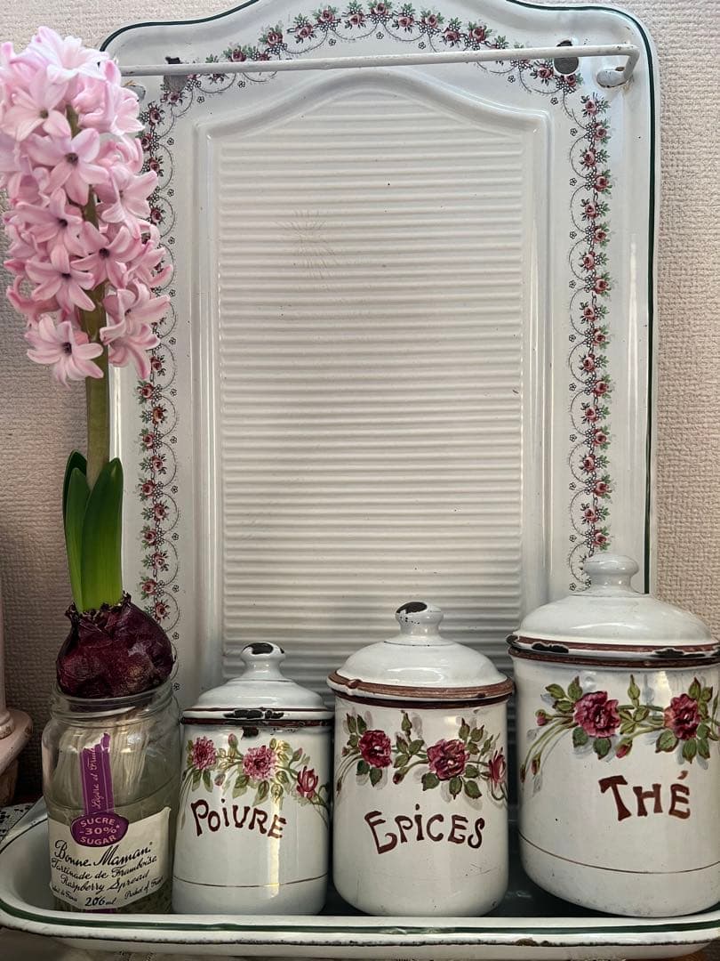 フランスアンティークのホーローキャニスター〇6個フルセット(ピンク