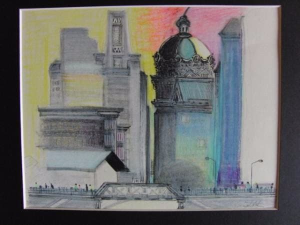 関口進、『県立博物館と橋』、原画、証明書付、送料無料