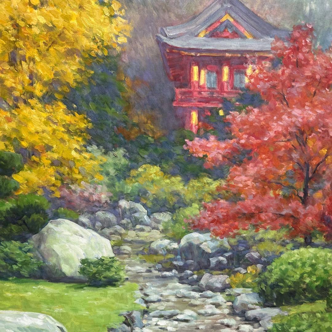 日本庭園の秋の風景油彩画額付き