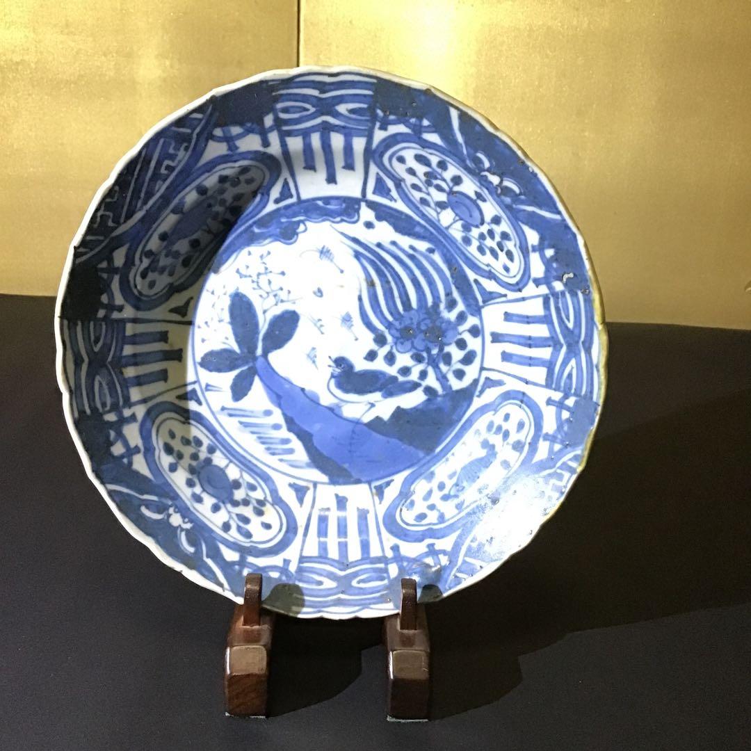 明朝青呉須花鳥図中皿　希少 東京都豊島区目白にて明末呉須赤絵花鳥図大皿、お着物、反物。｜六角堂