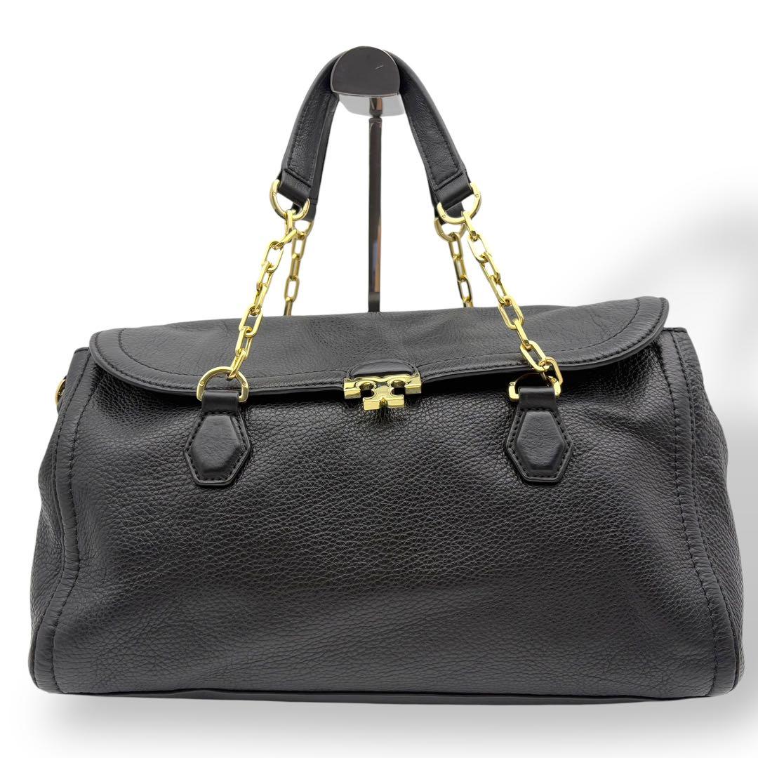 トリーバーチ ハンドバッグ 2way レザー 黒 ブラック 金具ロゴ チェーン