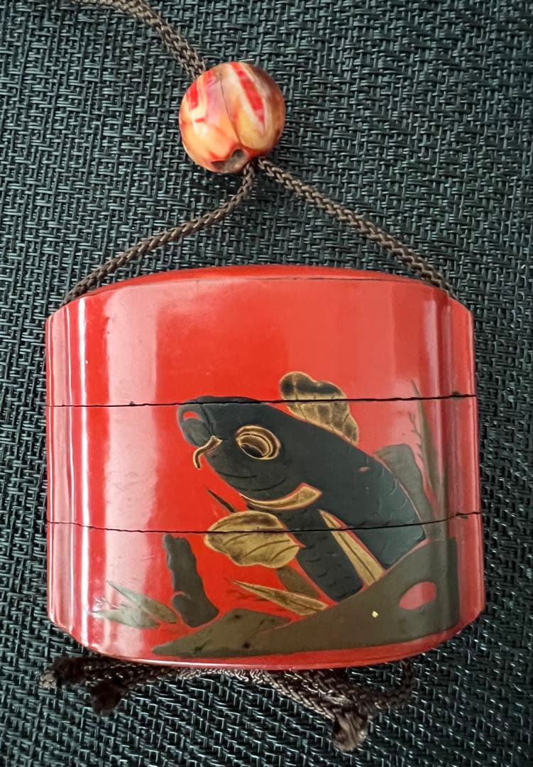 時代物 印籠 根付 蒔絵 三段 鯉 鼠 アンティーク 収納袋付 江戸-明治