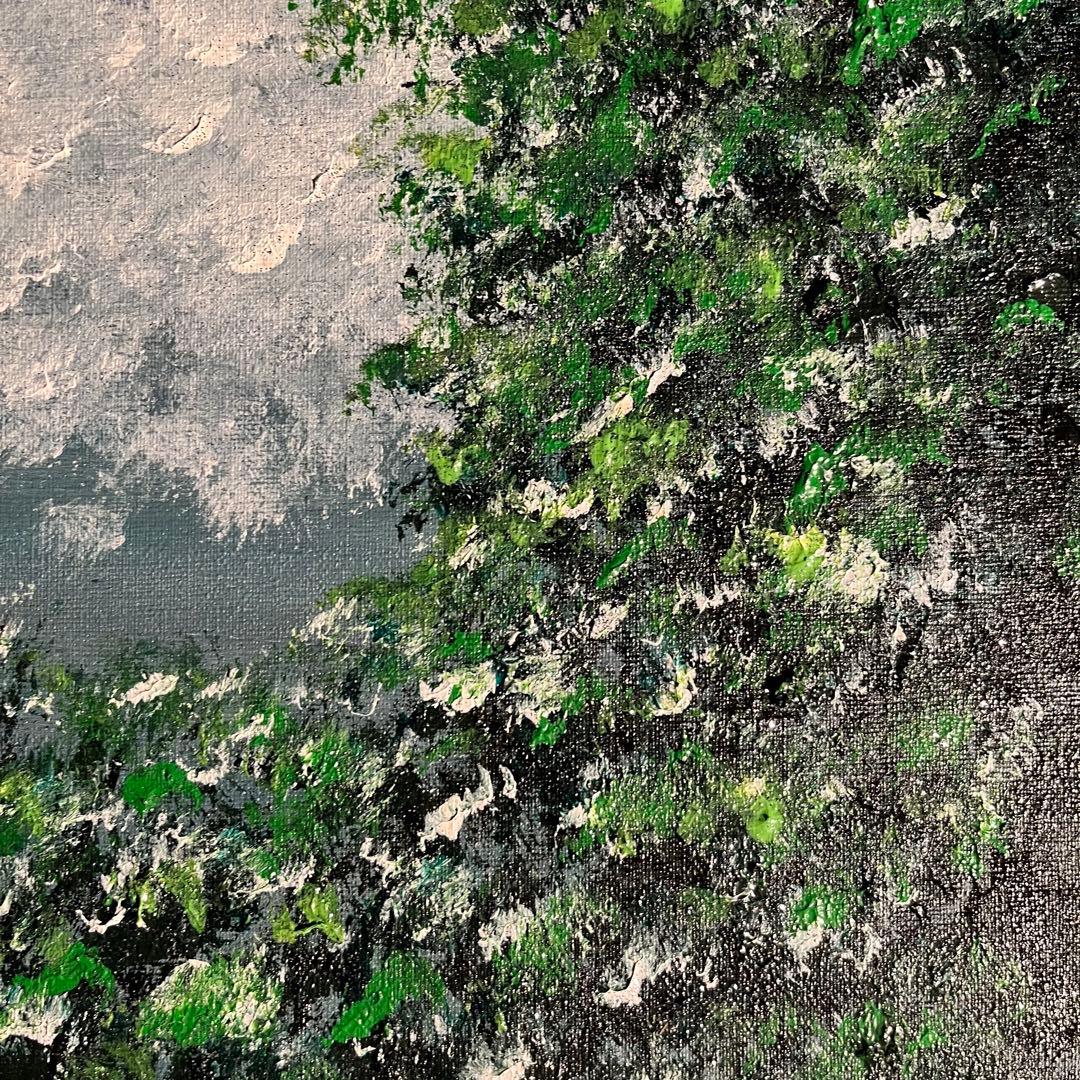 手書き油絵 緑月 額付 肉筆絵画 インテリア 油彩画