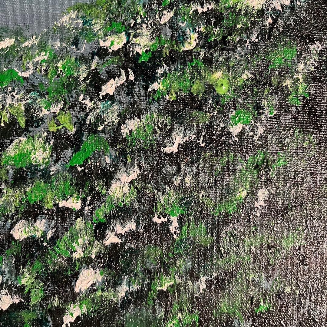 手書き油絵 緑月 額付 肉筆絵画 インテリア 油彩画