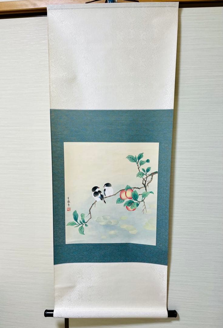 本表装】肉筆掛け軸花鳥画 細筆画「双鳥図」美術品 絵画 和室 茶室