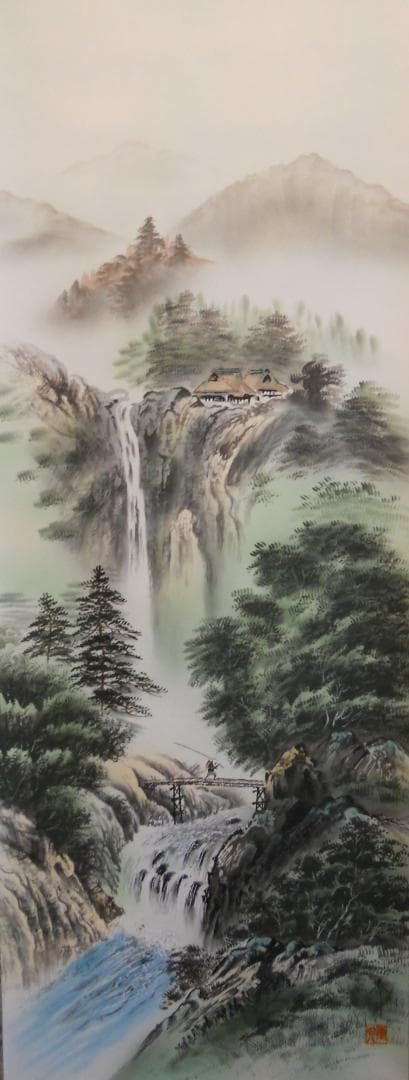 掛け軸 小川香月 『 山紫瀑景図 』 絹本 希少 軸装 茶道具 掛軸 美