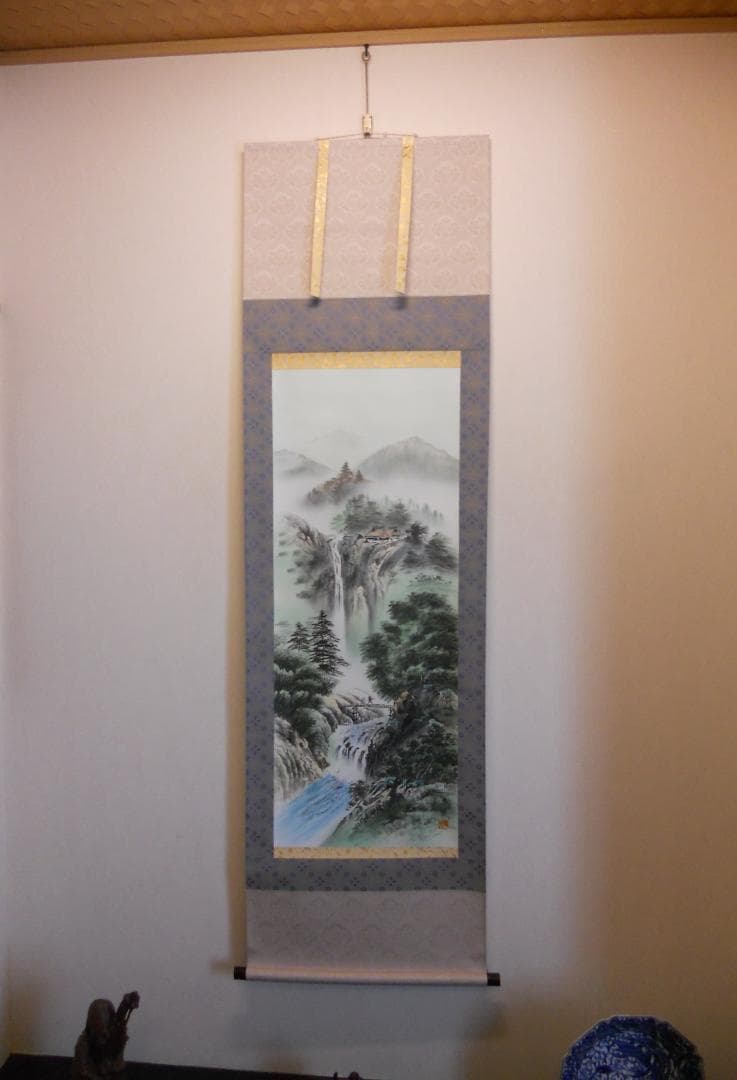 掛け軸 小川香月 『 山紫瀑景図 』 絹本 希少 軸装 茶道具 掛軸 美