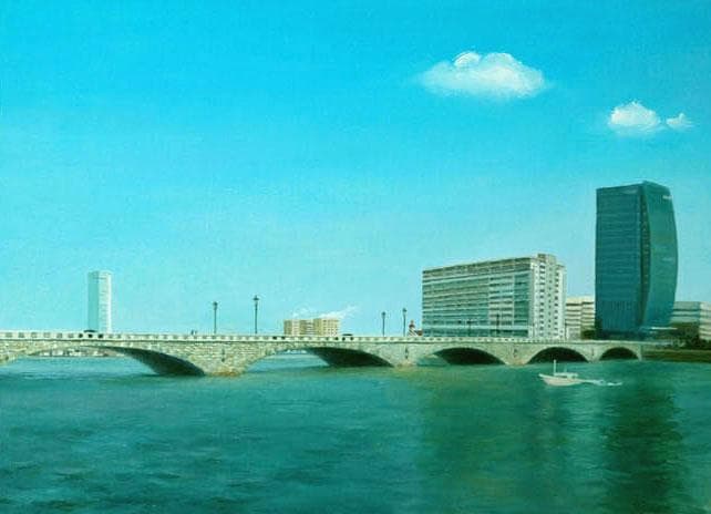 油絵 菅家令子絵画インテリア額付(青緑+金色の枠)F6-080214万代橋 新潟